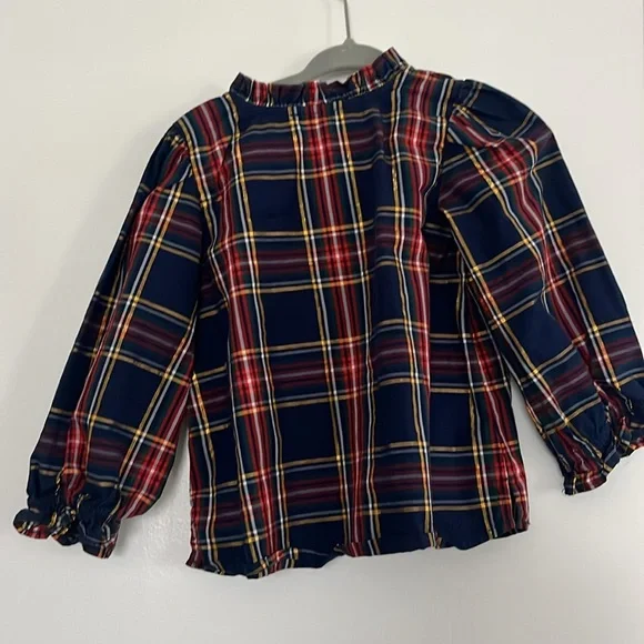 🎄🎅Crewcuts holiday Christmas Girl poplin metallic plaid ruffle blouse - Picture 3 of 5